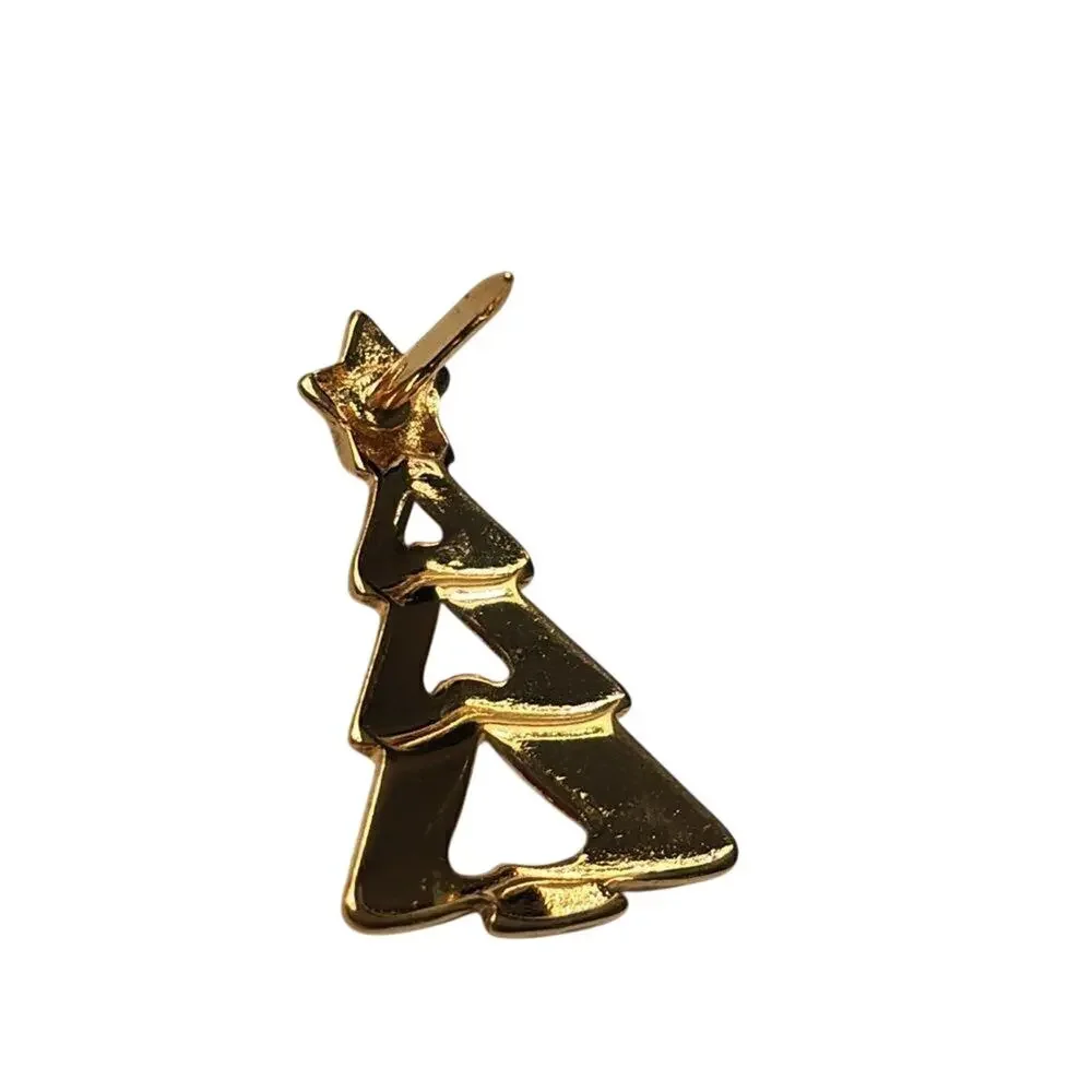 Vintage Gold Tone Christmas Tree Tack Pin Red Crystal Star Holiday Brooch